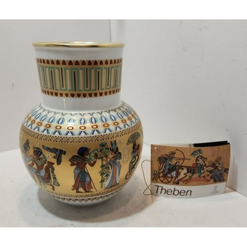 E & R Kaiser Theben Tut-Ankh-Amun 7 3/4" Vase Egyptian King Tut Pharoah Scenes